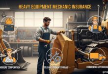 Heavy equipment mechanic inspecting construction machinery with insurance protection concept