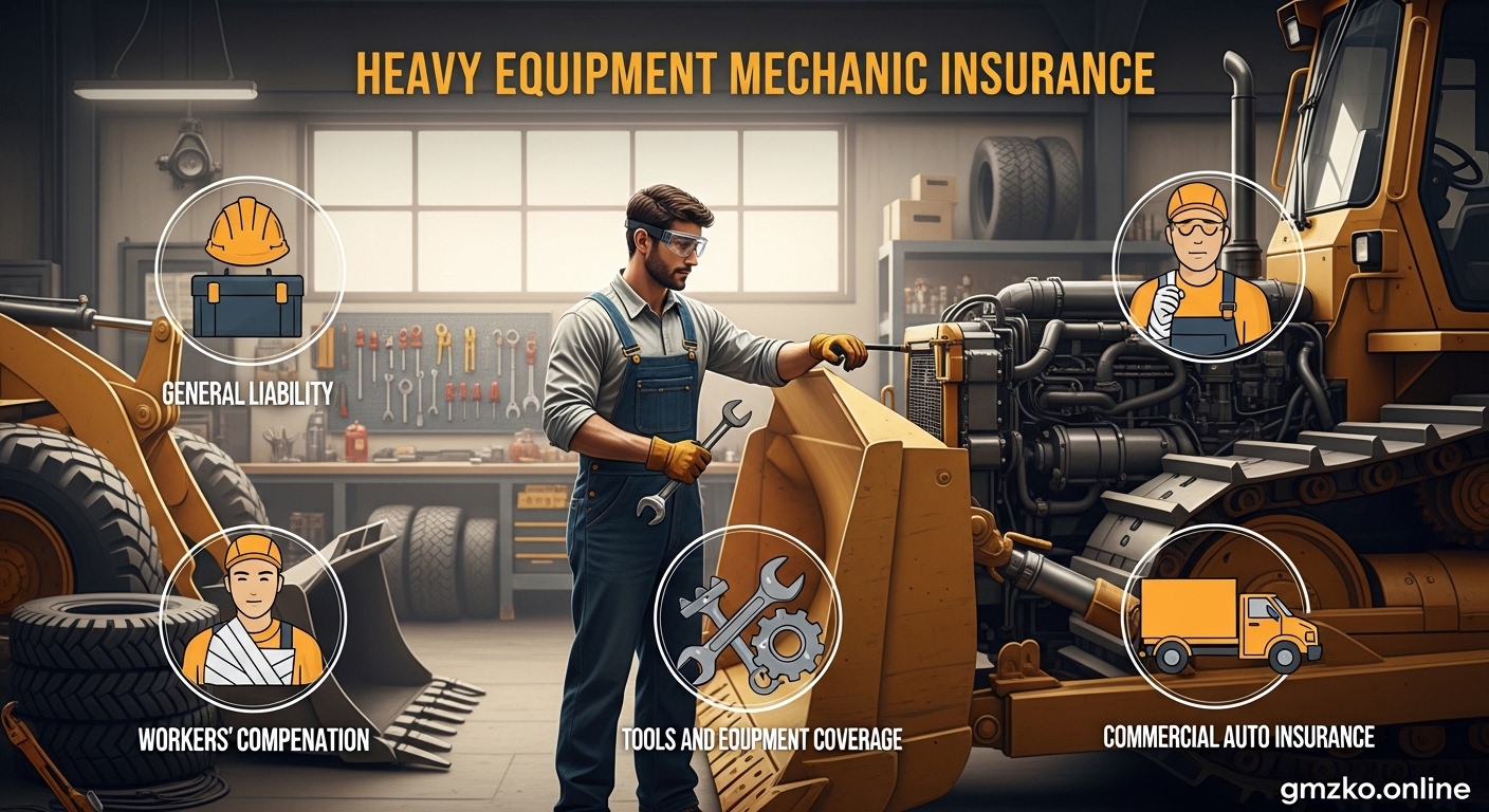 Heavy equipment mechanic inspecting construction machinery with insurance protection concept